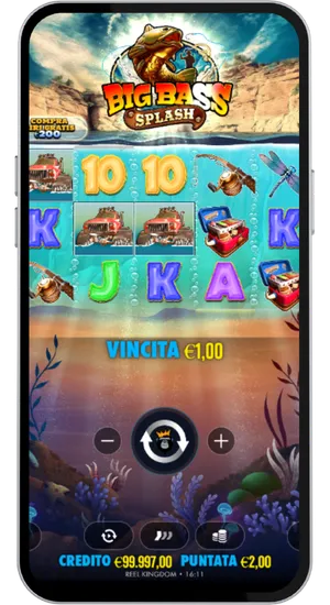 Big Bass Splash base game showing a one euro win with matching truck symbols across a payline