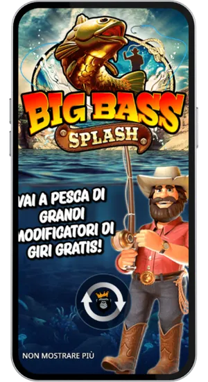 Big Bass Splash opening screen featuring the fisherman character and a promotional message about free spins modifiers