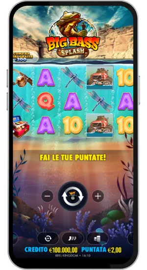 Big Bass Splash main reel grid with card symbols dragonfly icons and bet adjustment controls at the bottom