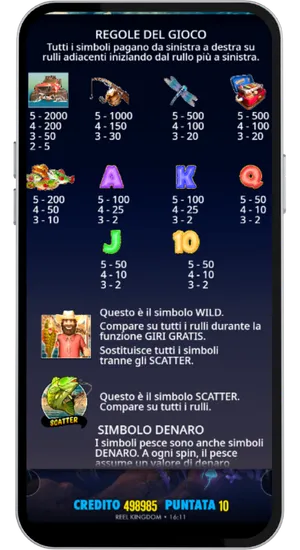 Big Bass Splash paytable screen listing payout values for all symbols along with wild and scatter descriptions